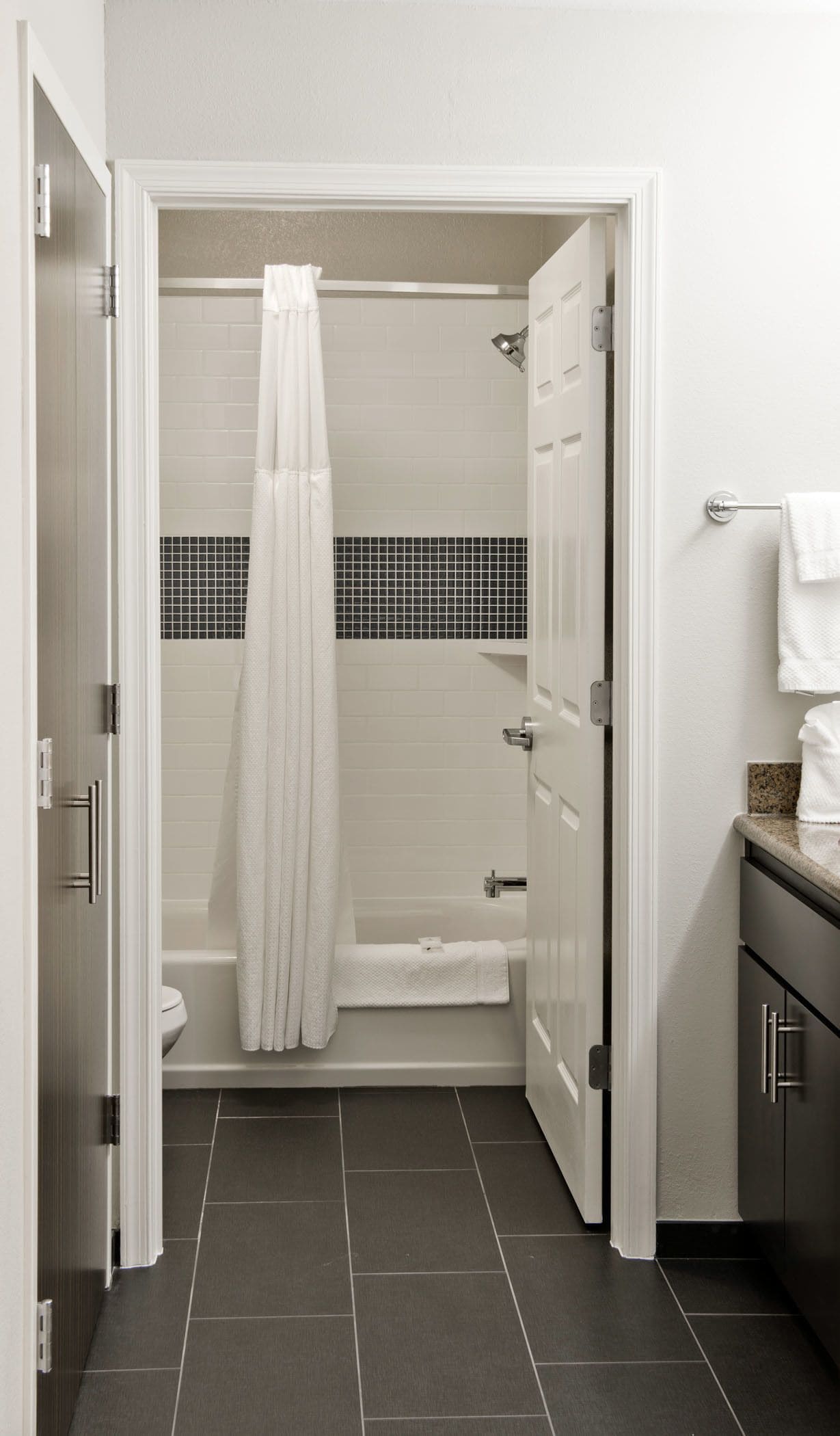 Une salle de bain moderne équipée d’une douche, de toilettes et d’une baignoire.