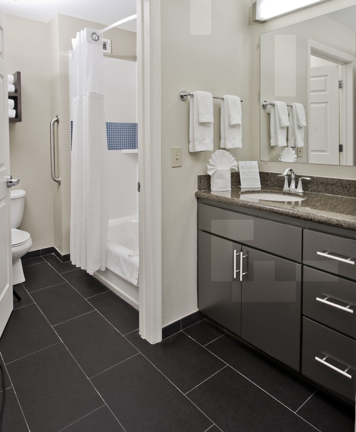 combined shower/bathtub, free toiletries, hair dryer, towels