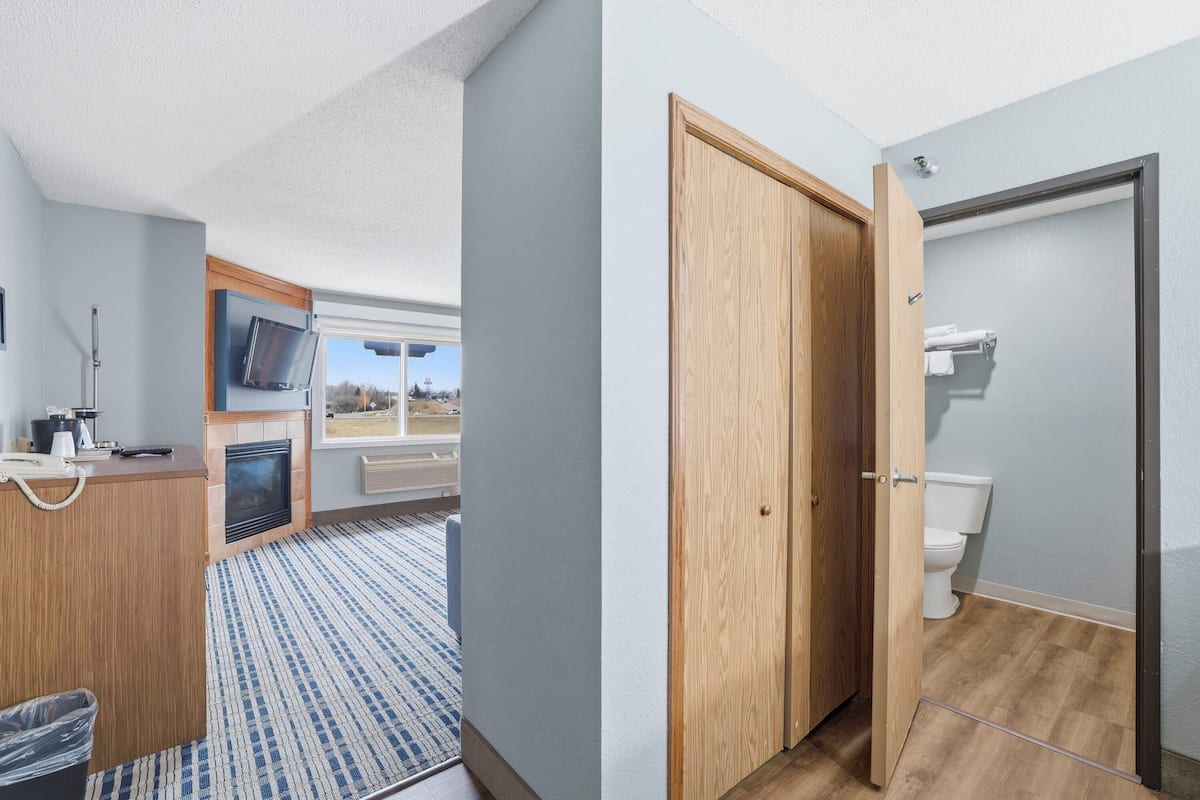 Une salle de bain moderne avec une porte en bois, des toilettes et un espace douche.