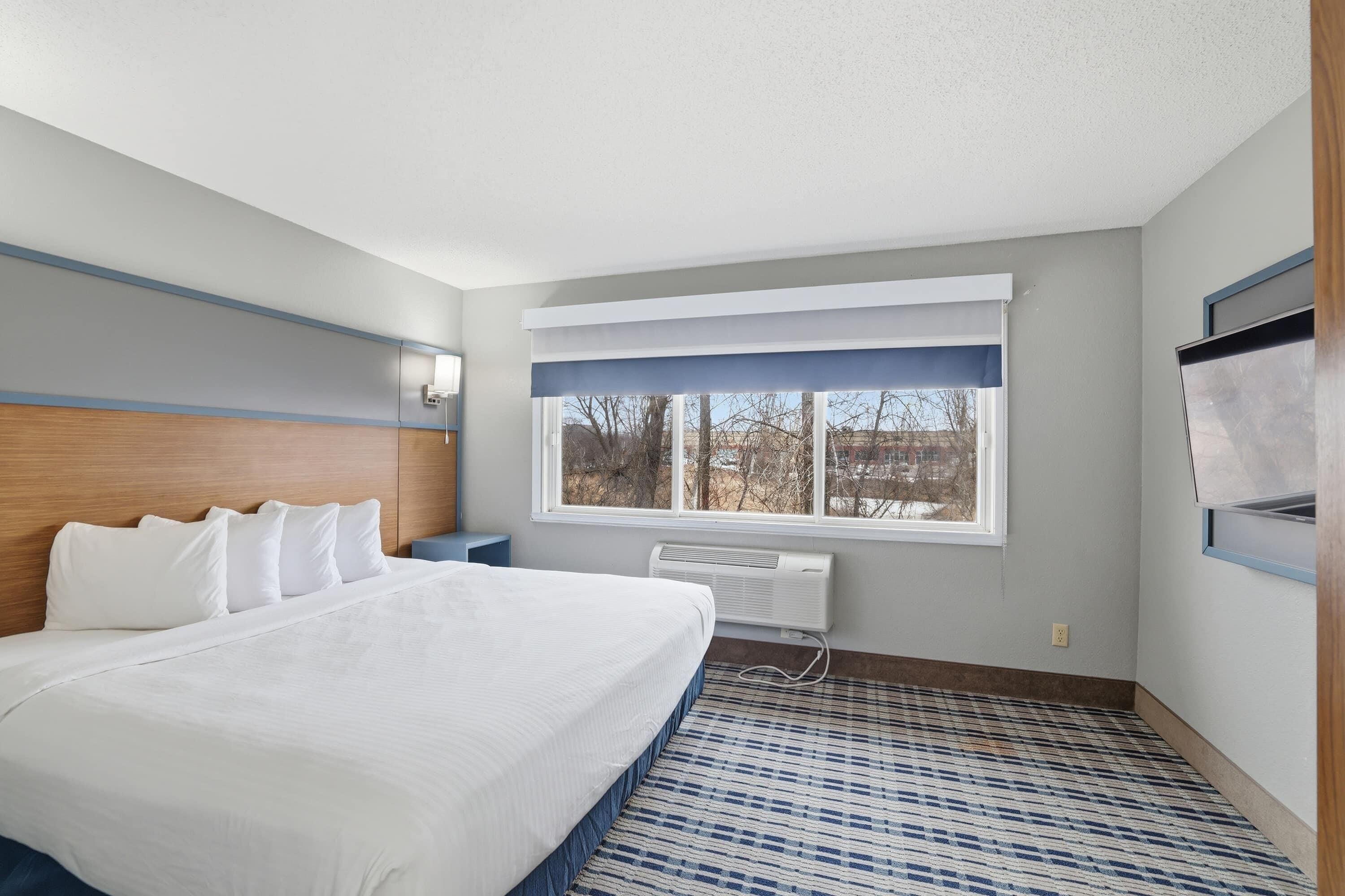 A hotel room with a large bed, a window with blinds, a wall-mounted air conditioner, and a view of trees outside.