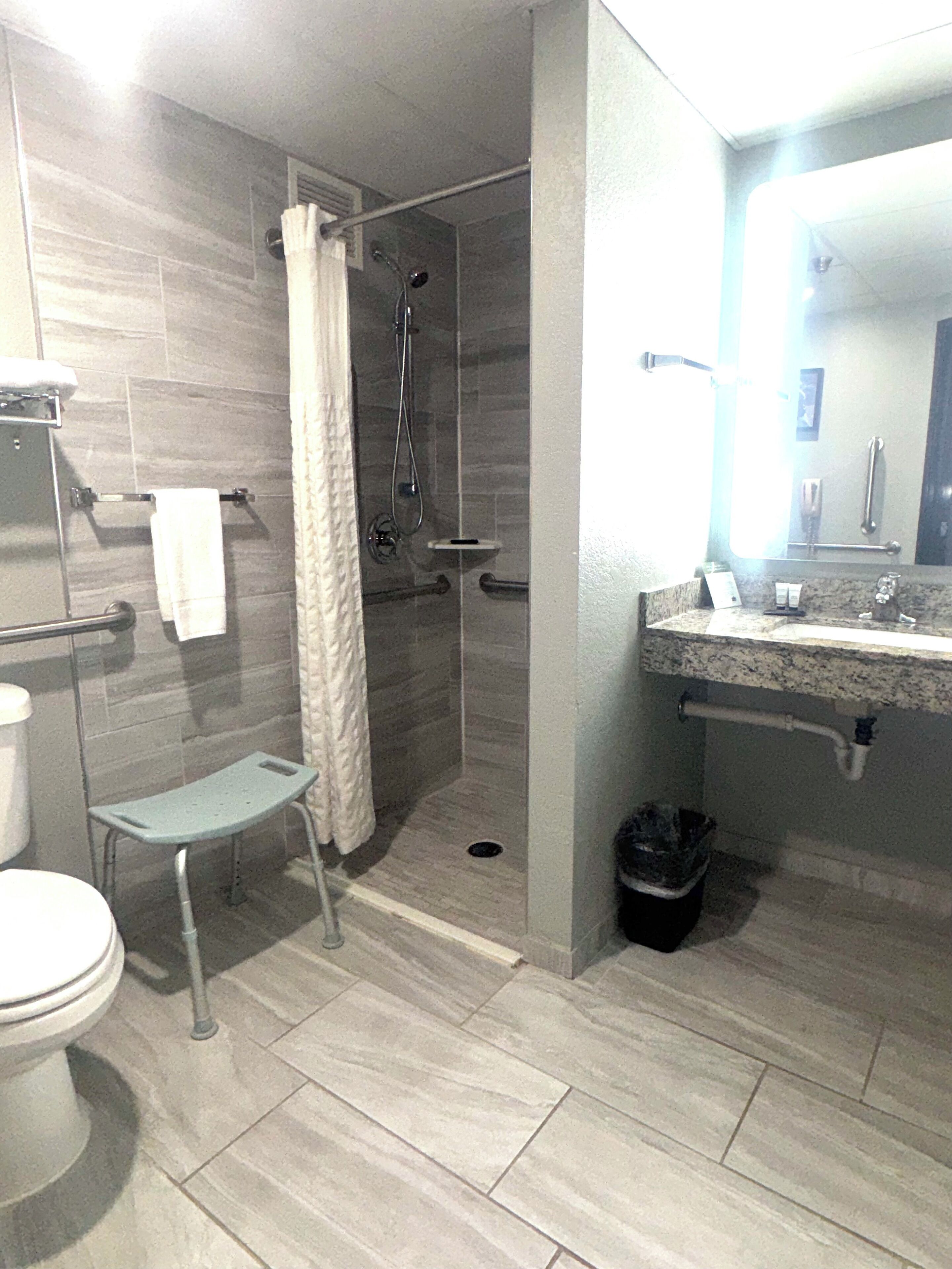 A modern bathroom with a shower, toilet, and sink.