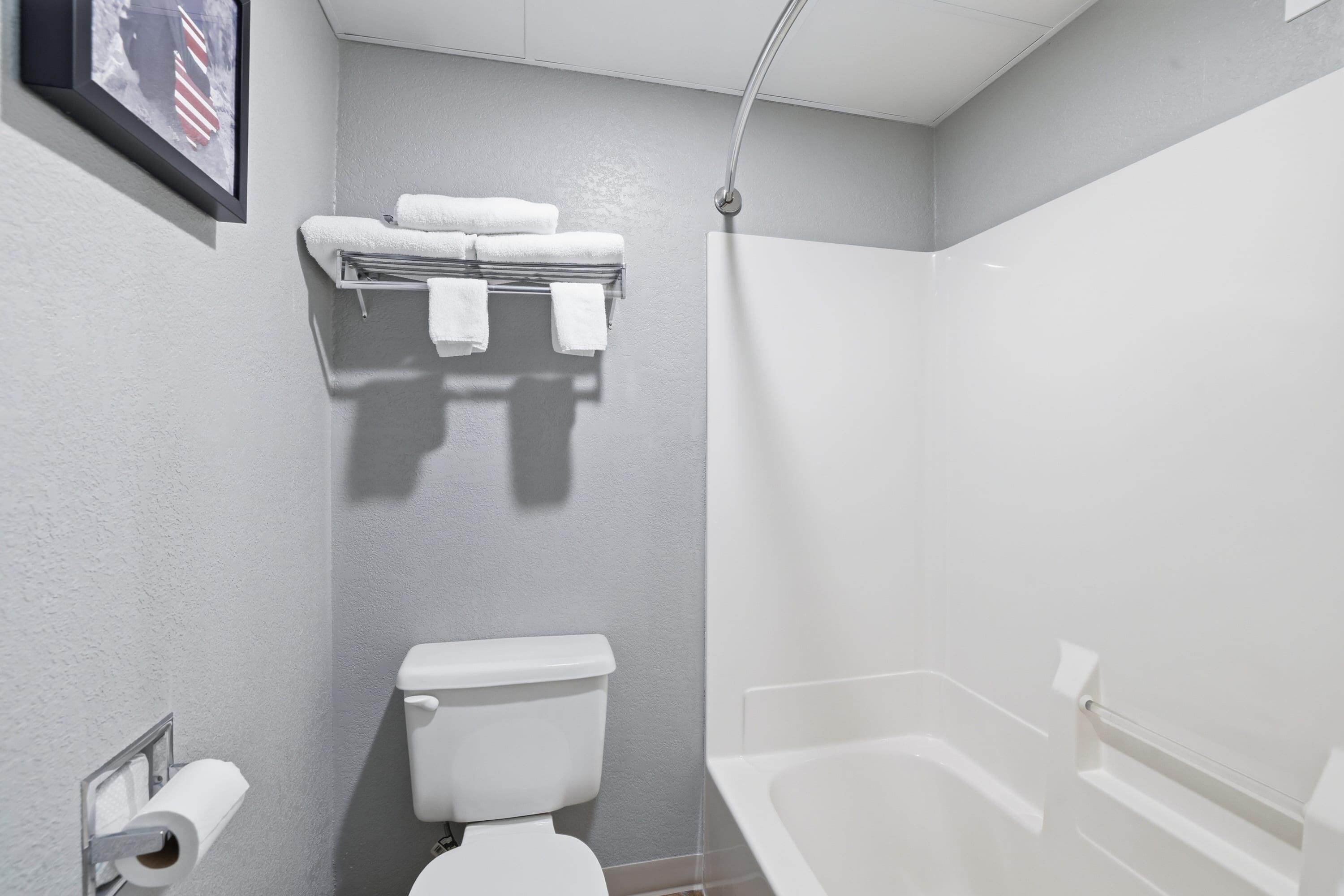 A bathroom with a toilet, a towel rack with towels, a shower, and a framed picture on the wall.
