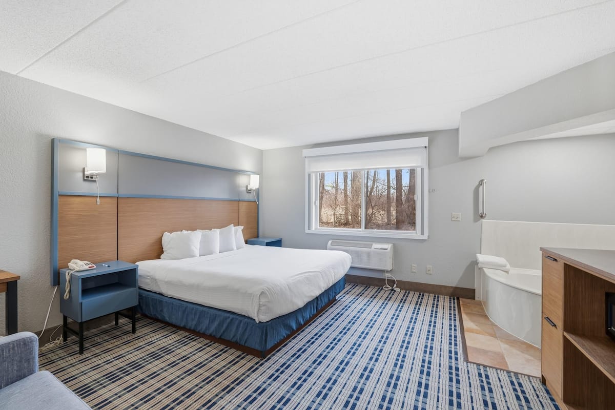Une chambre d’hôtel avec un lit, une table de chevet, une commode et une fenêtre donnant sur des arbres.