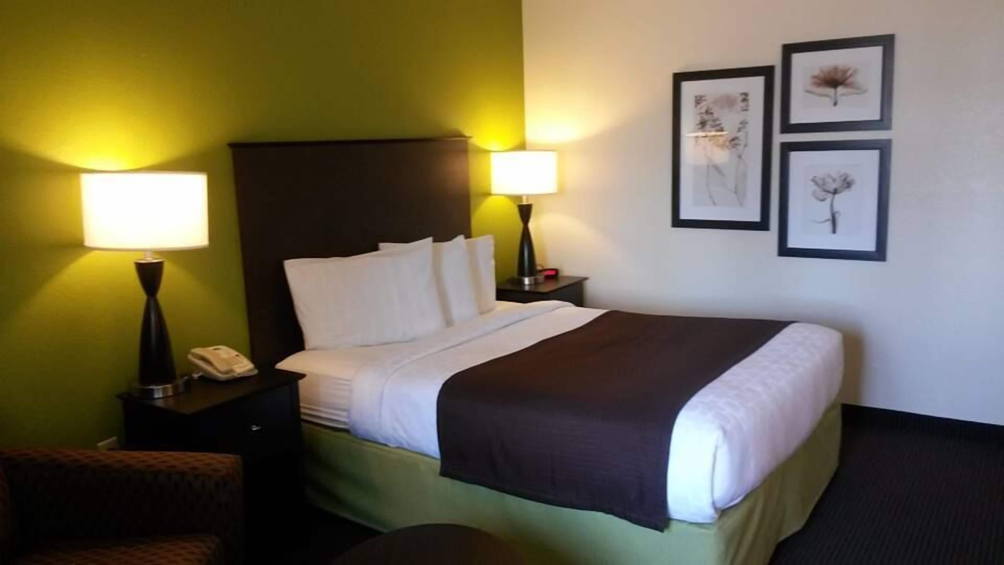 Habitación de hotel con cama, dos lámparas de noche, teléfono y cuadros en la pared.