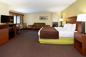 Una habitación de hotel con cama, escritorio con televisor, sofá y chimenea.