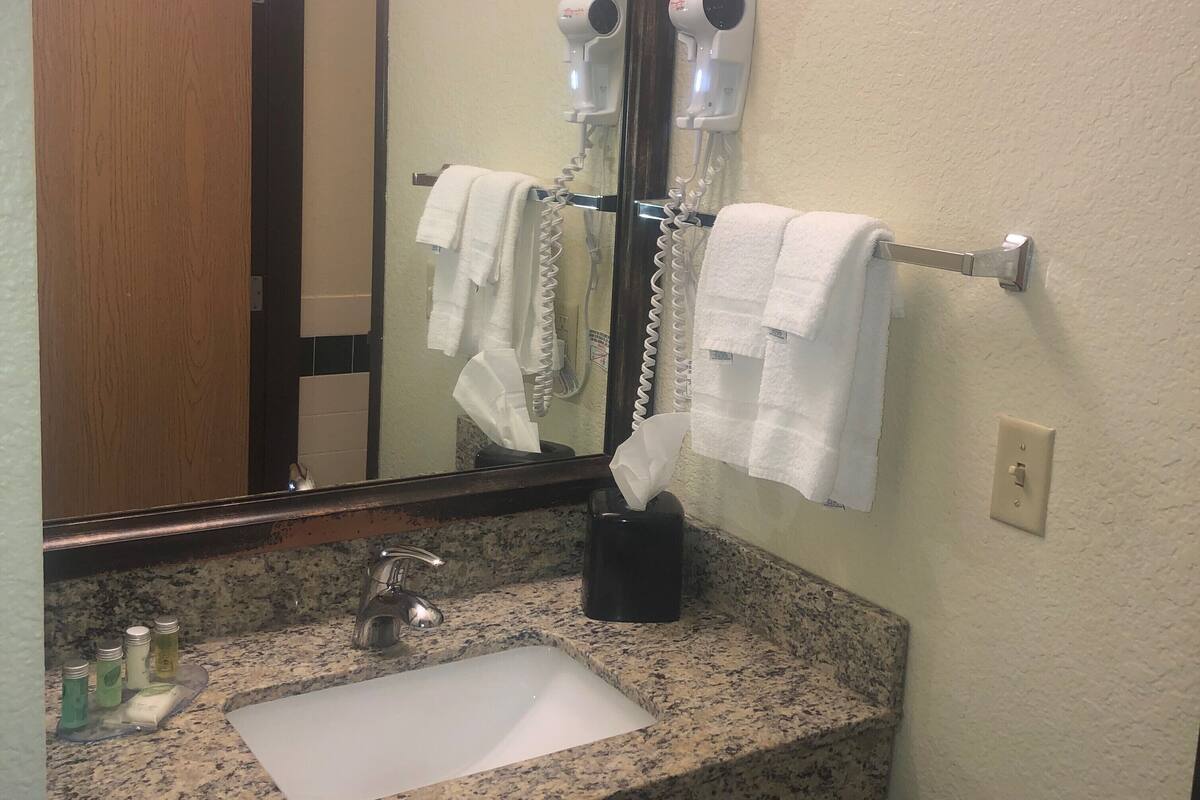 free toiletries, hair dryer, towels