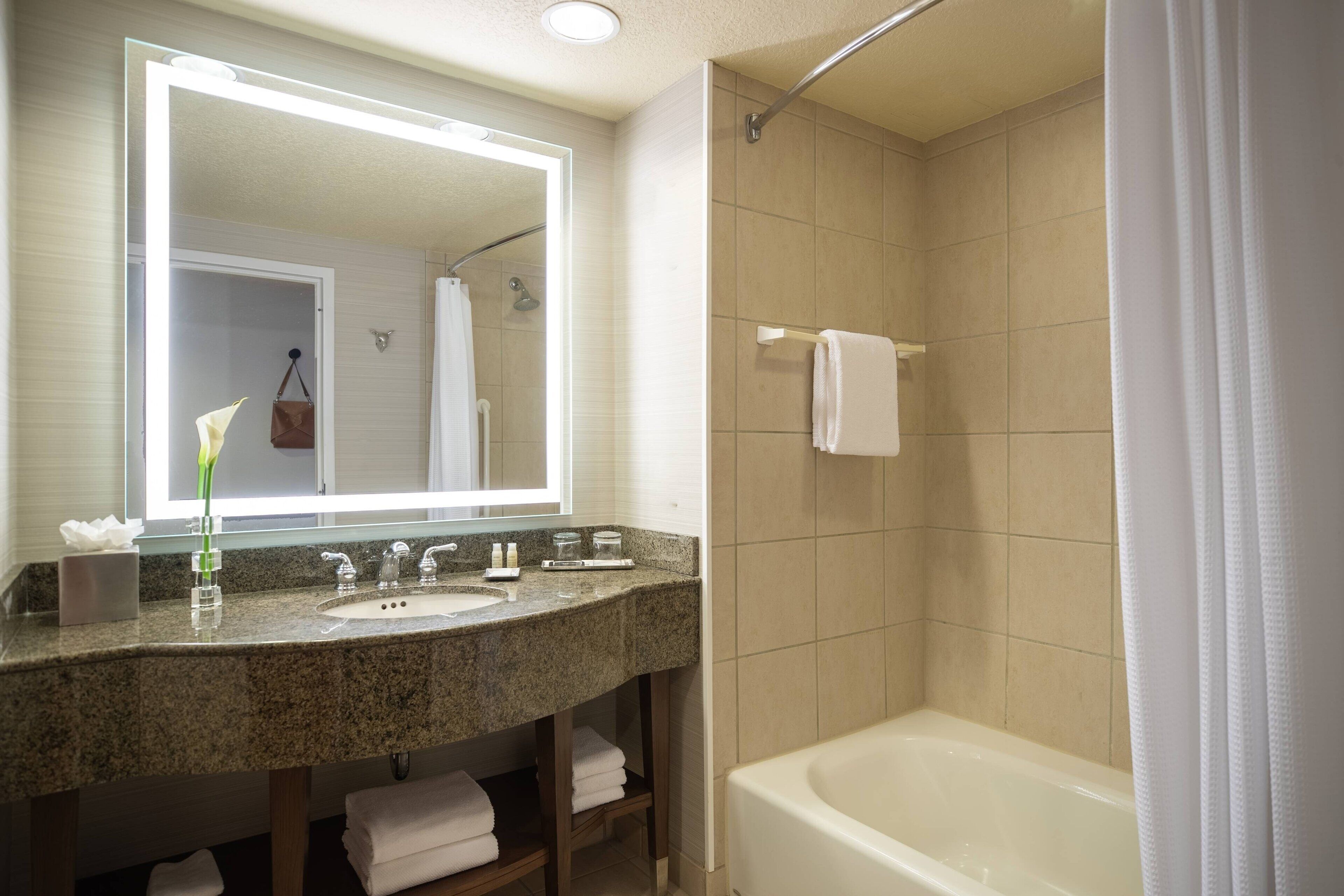 combined shower/bathtub, deep-soaking bathtub, free toiletries