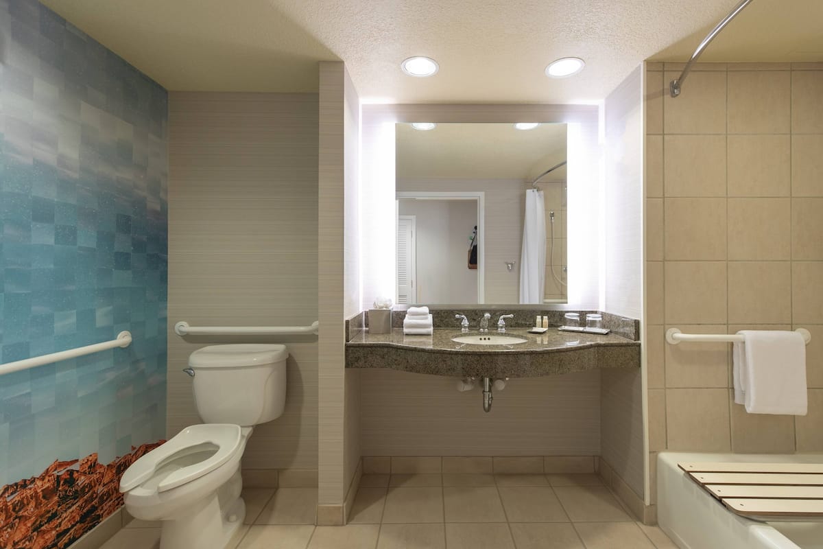 combined shower/bathtub, deep-soaking bathtub, free toiletries