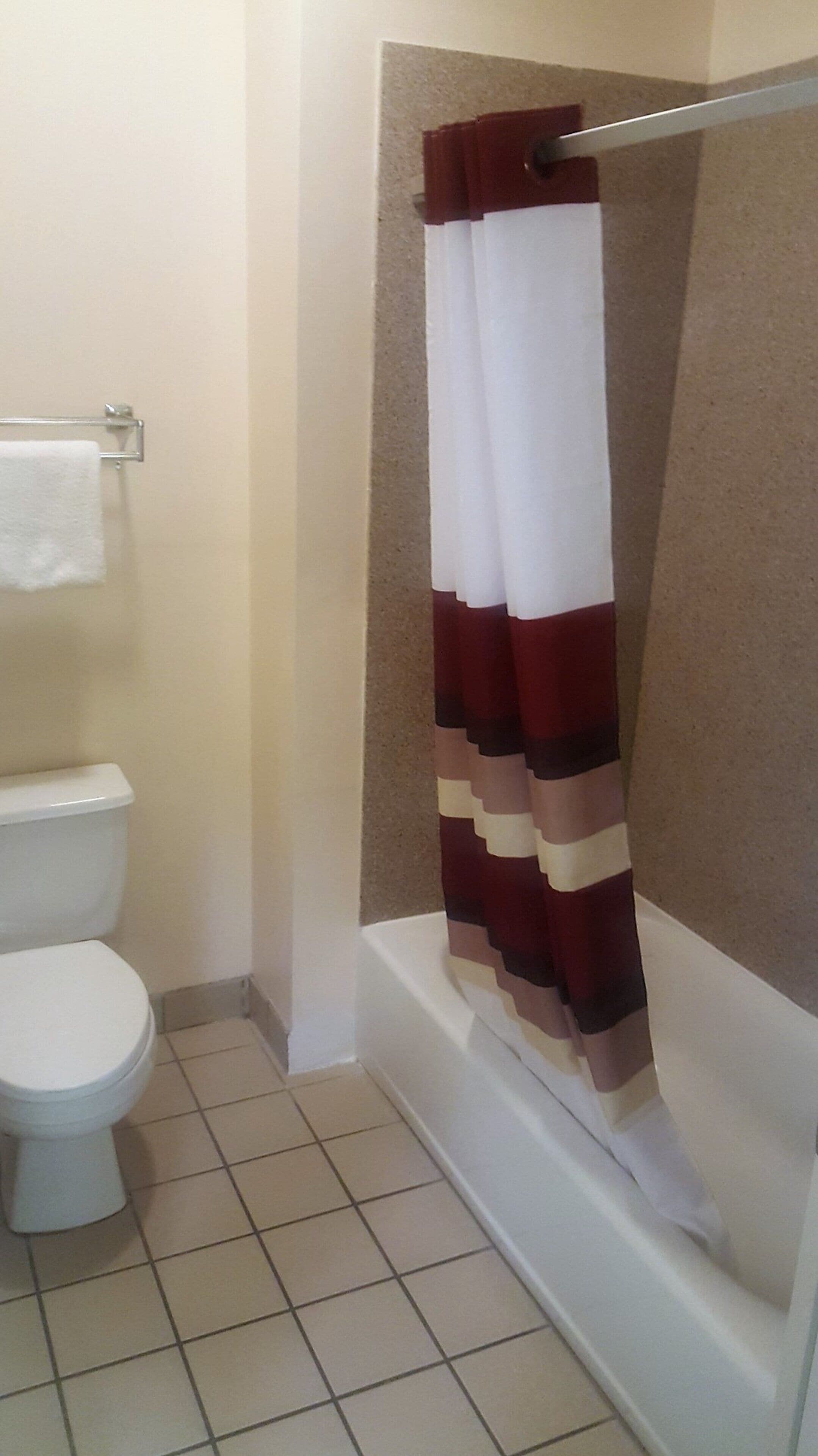 A bathroom with a toilet, a bathtub, and a shower curtain.