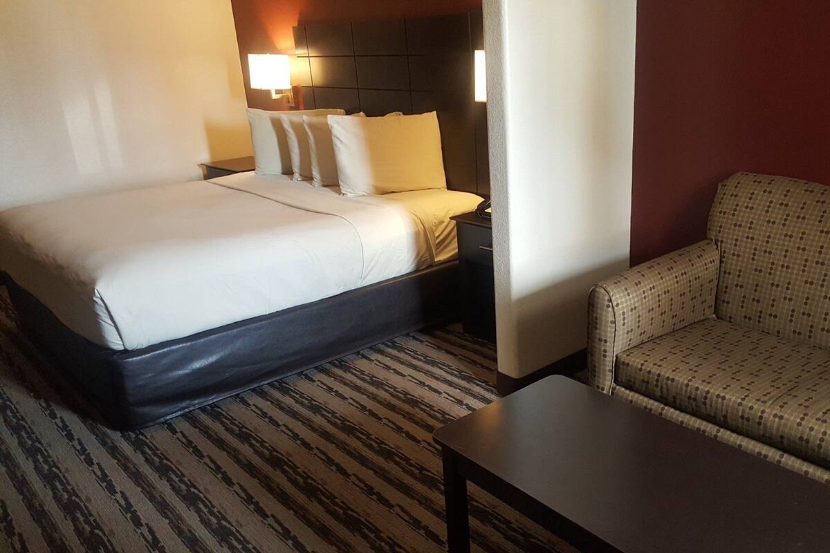 Une chambre d’hôtel avec un lit, une table de chevet, une lampe, un canapé et une petite table.