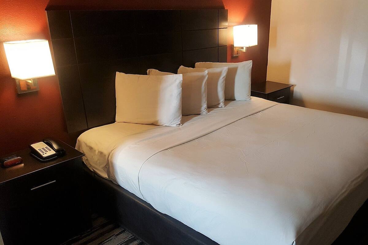 Une chambre d’hôtel avec un grand lit, deux tables de chevet, un téléphone et deux lampes fixées au mur.