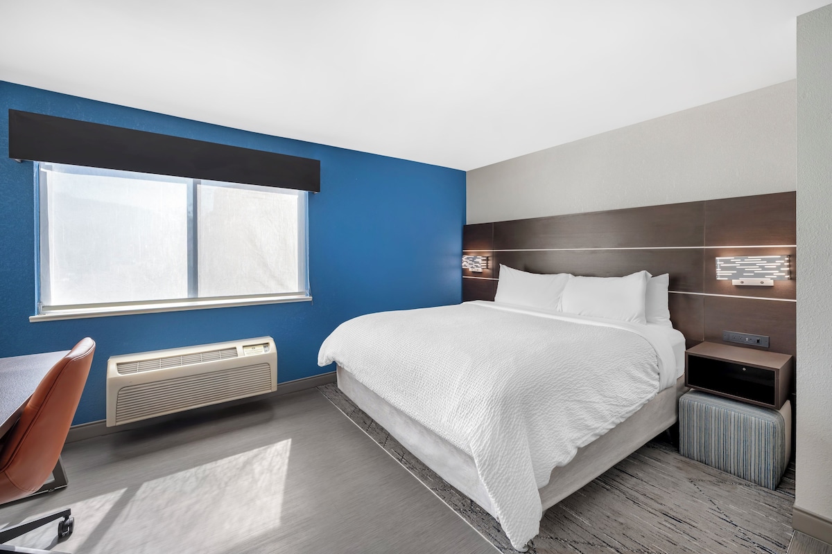 A hotel room with a large bed, a desk, a chair, a window, and a wall-mounted heater.