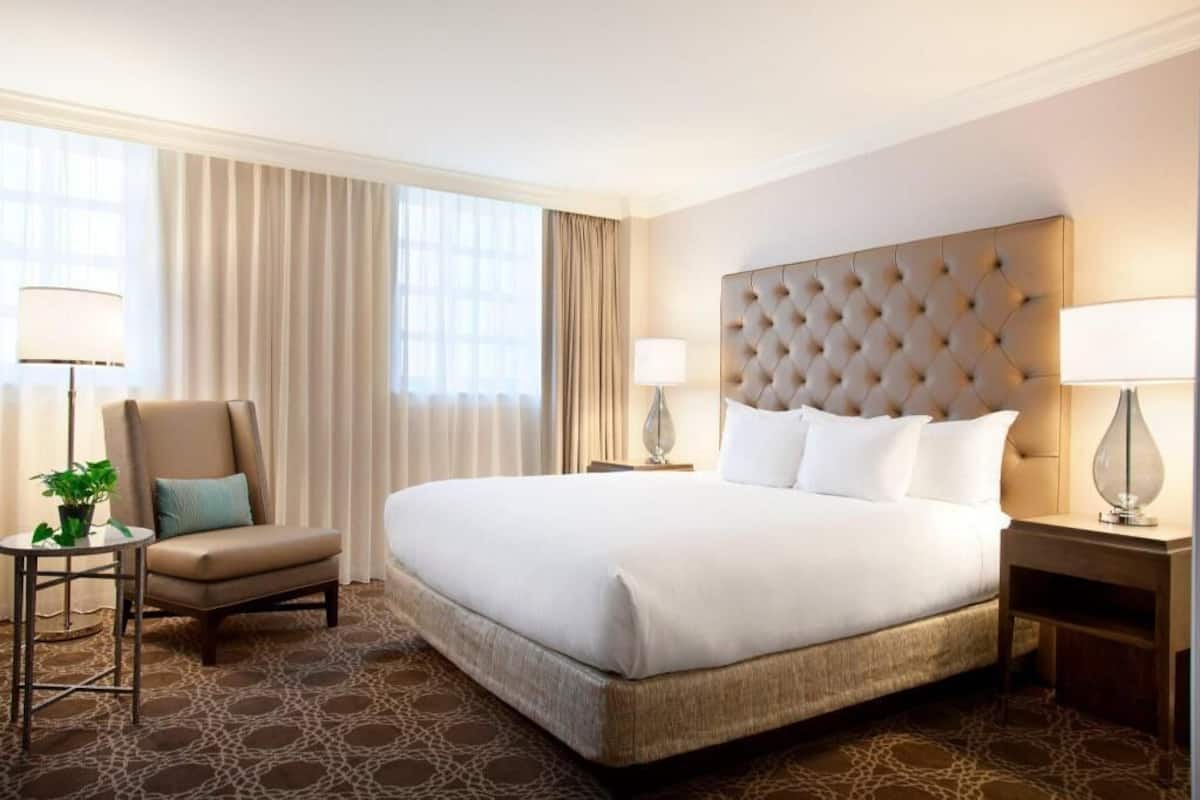 Una habitación de hotel con una cama grande, una silla, una mesita con una planta y una lámpara.
