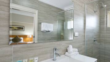 Shower, free toiletries, hair dryer, towels