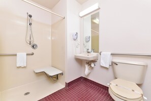 Room, 2 Double Beds, Accessible, Non Smoking | Bathroom | Combined shower/tub, free toiletries, hair dryer, towels