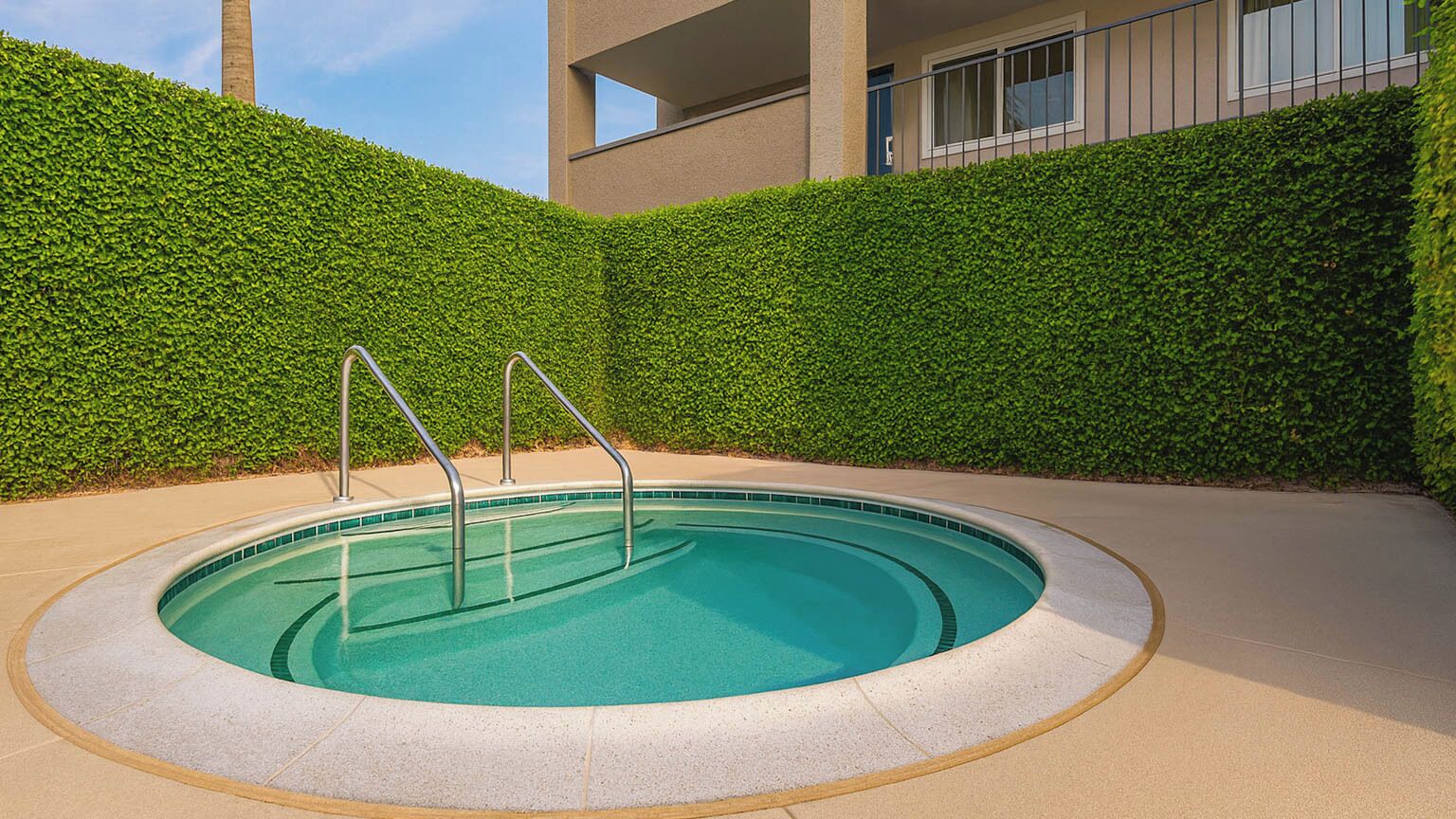 Outdoor pool, open 9:00 AM to 9:00 PM, pool umbrellas, pool loungers