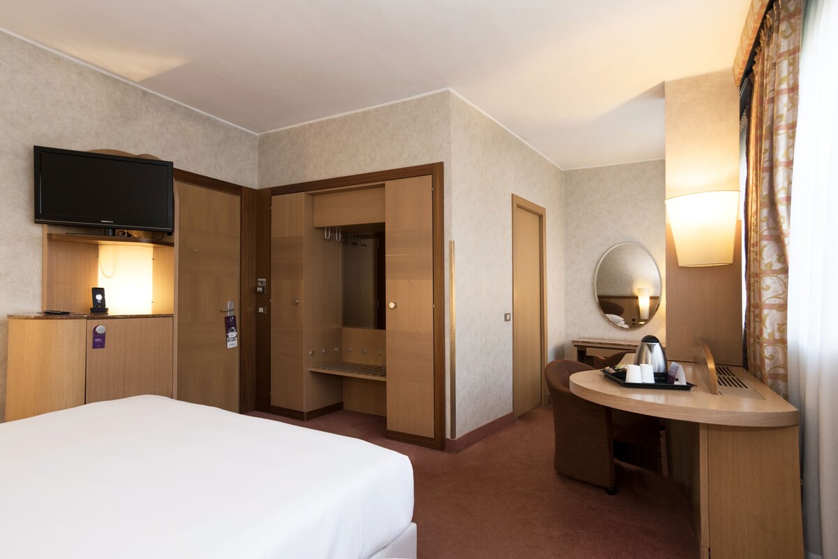 A hotel room with a bed, a desk, a television, a mirror, and a wardrobe.