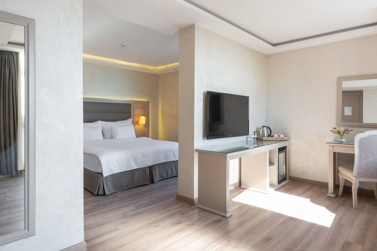 A hotel room with a bed, a desk, a television, and a chair.