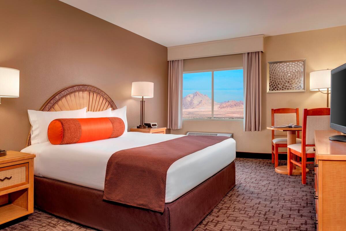 A hotel room with a large bed, a desk, a chair, a TV, and a window with a mountain view.