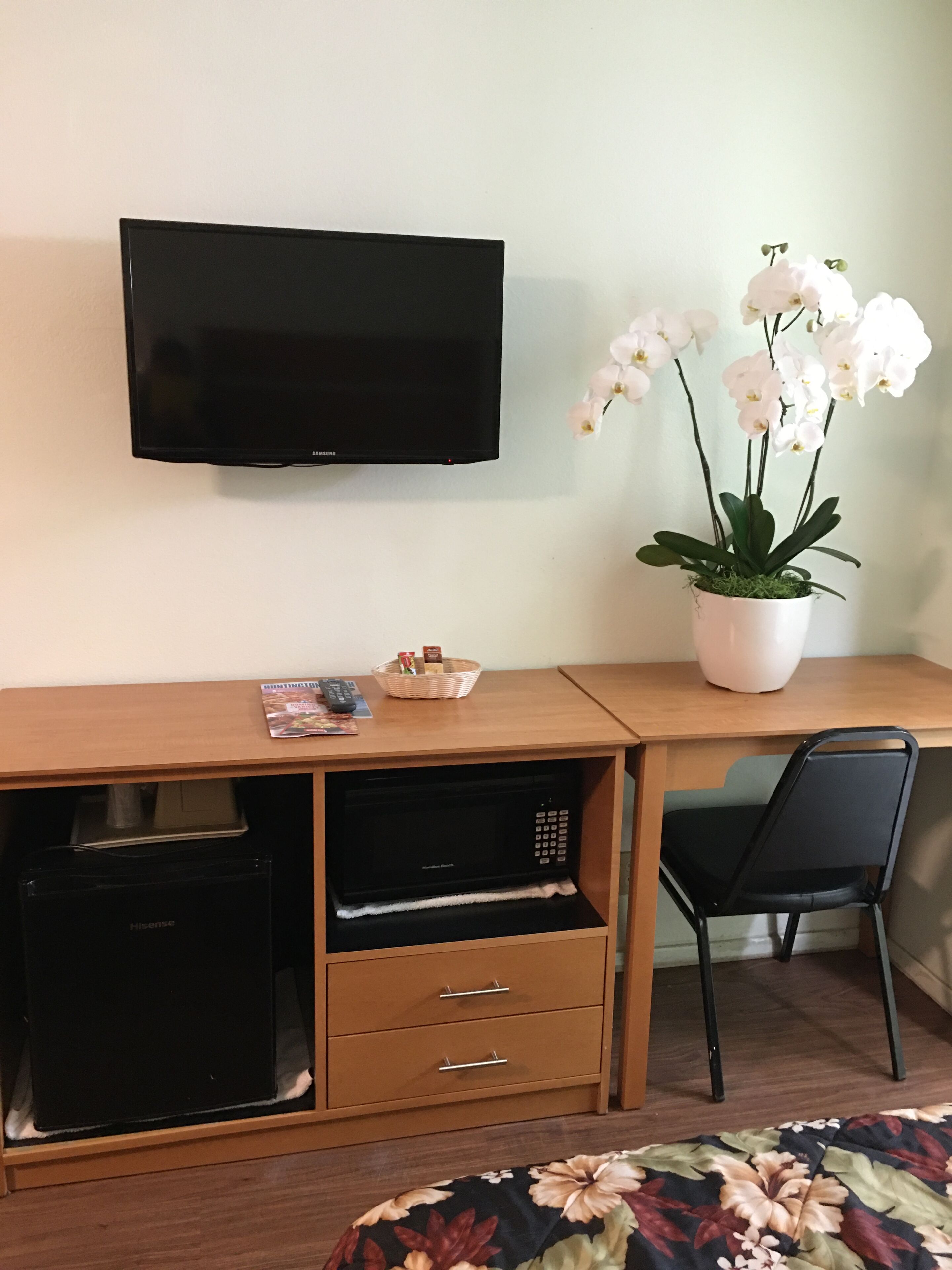 Camera d'albergo con una scrivania in legno, una televisione a parete, un forno a microonde, un piccolo frigorifero, una sedia e una pianta di orchidea in vaso.
