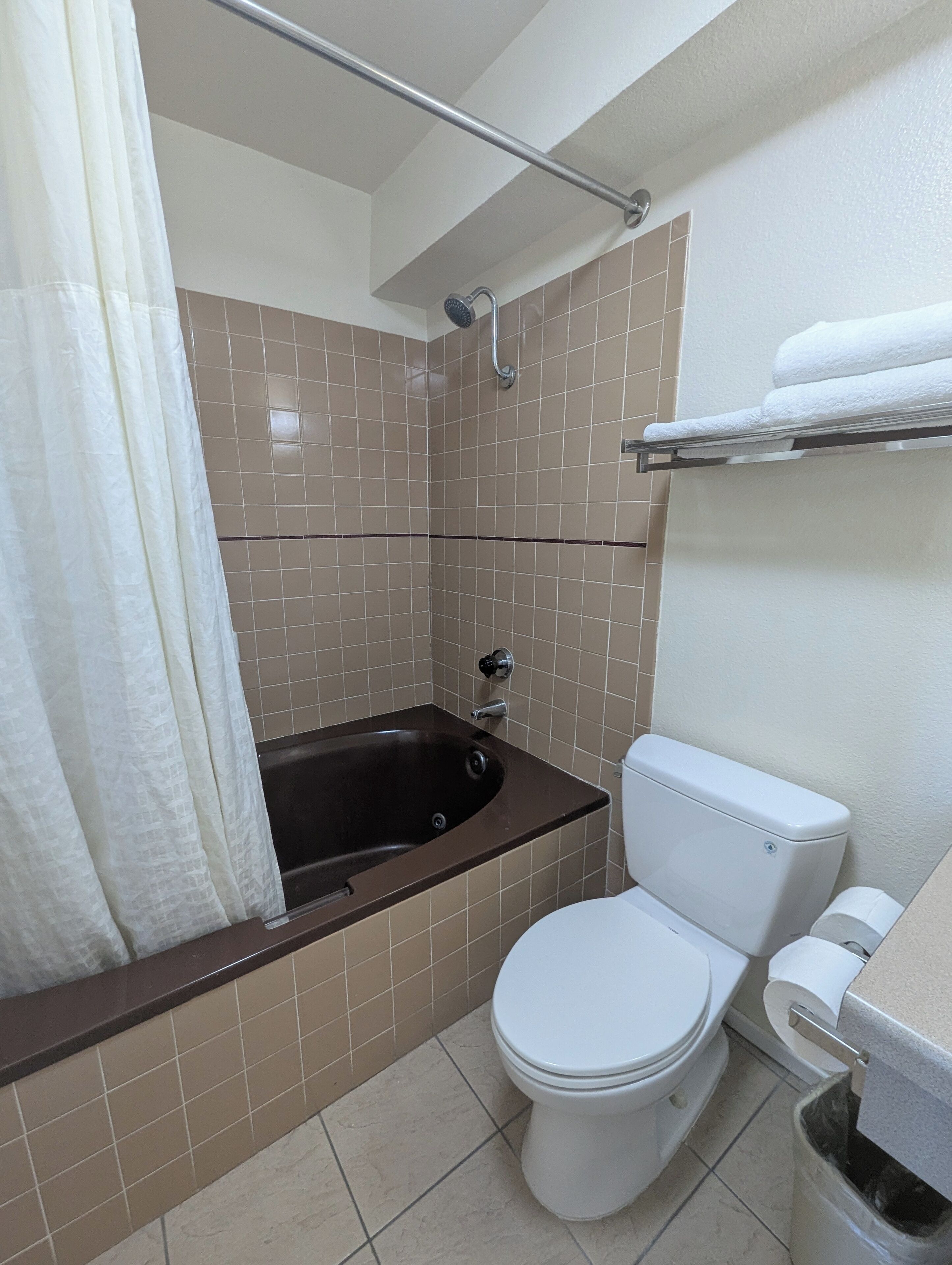 A bathroom with a bathtub, toilet, and shower.