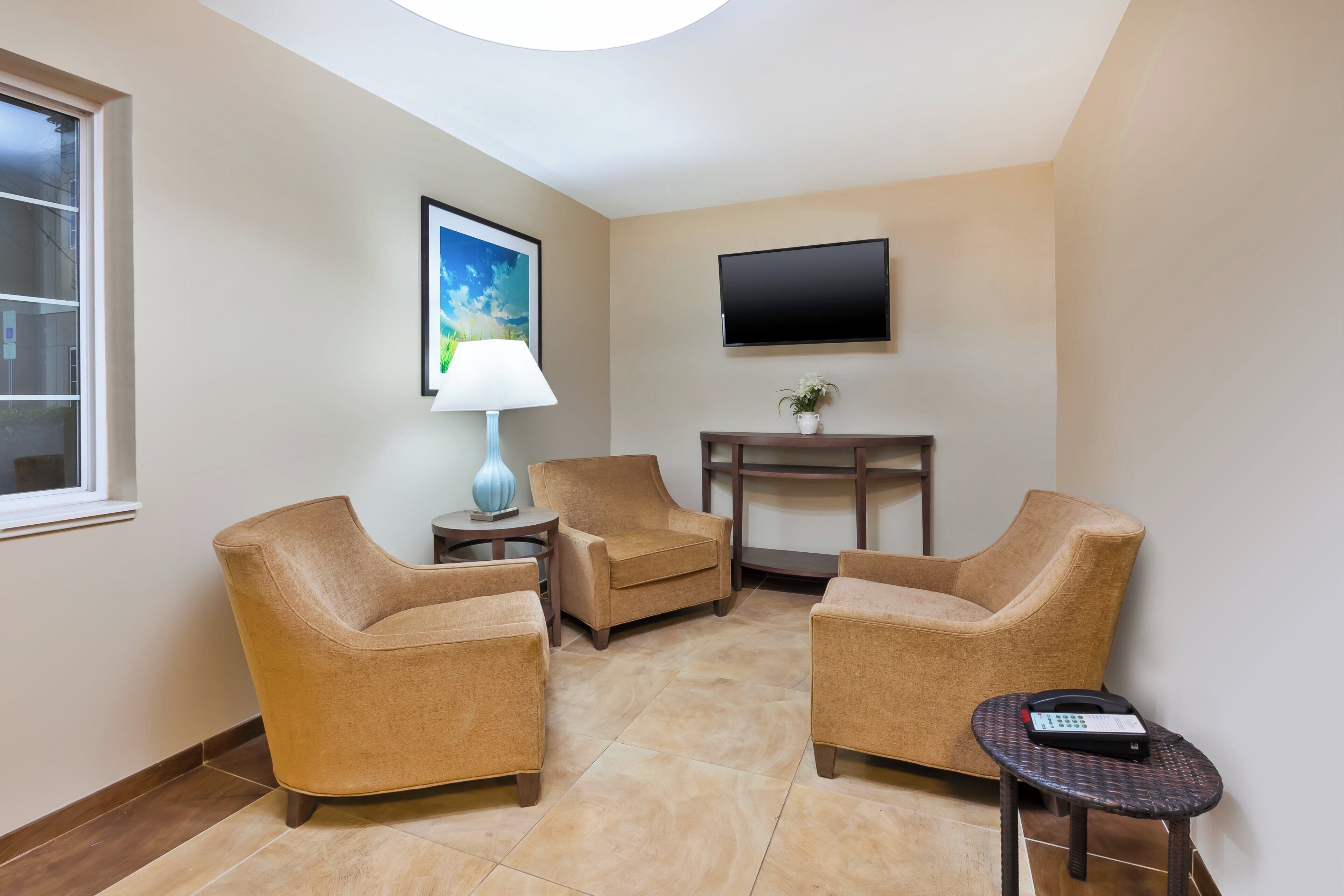 A hotel room with two armchairs, a small table, a lamp, a TV, and a potted plant.