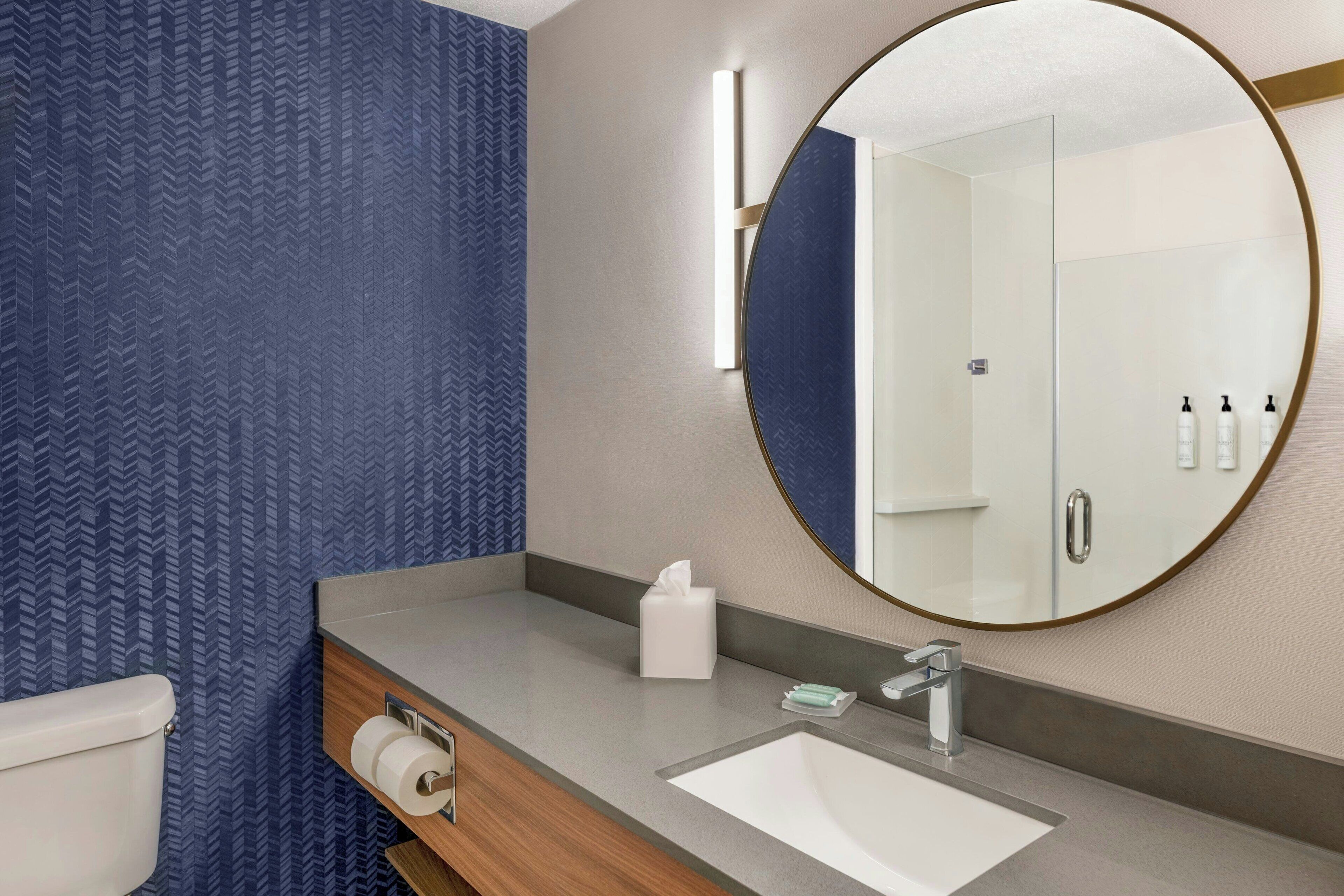 combined shower/bathtub, free toiletries, hair dryer, towels