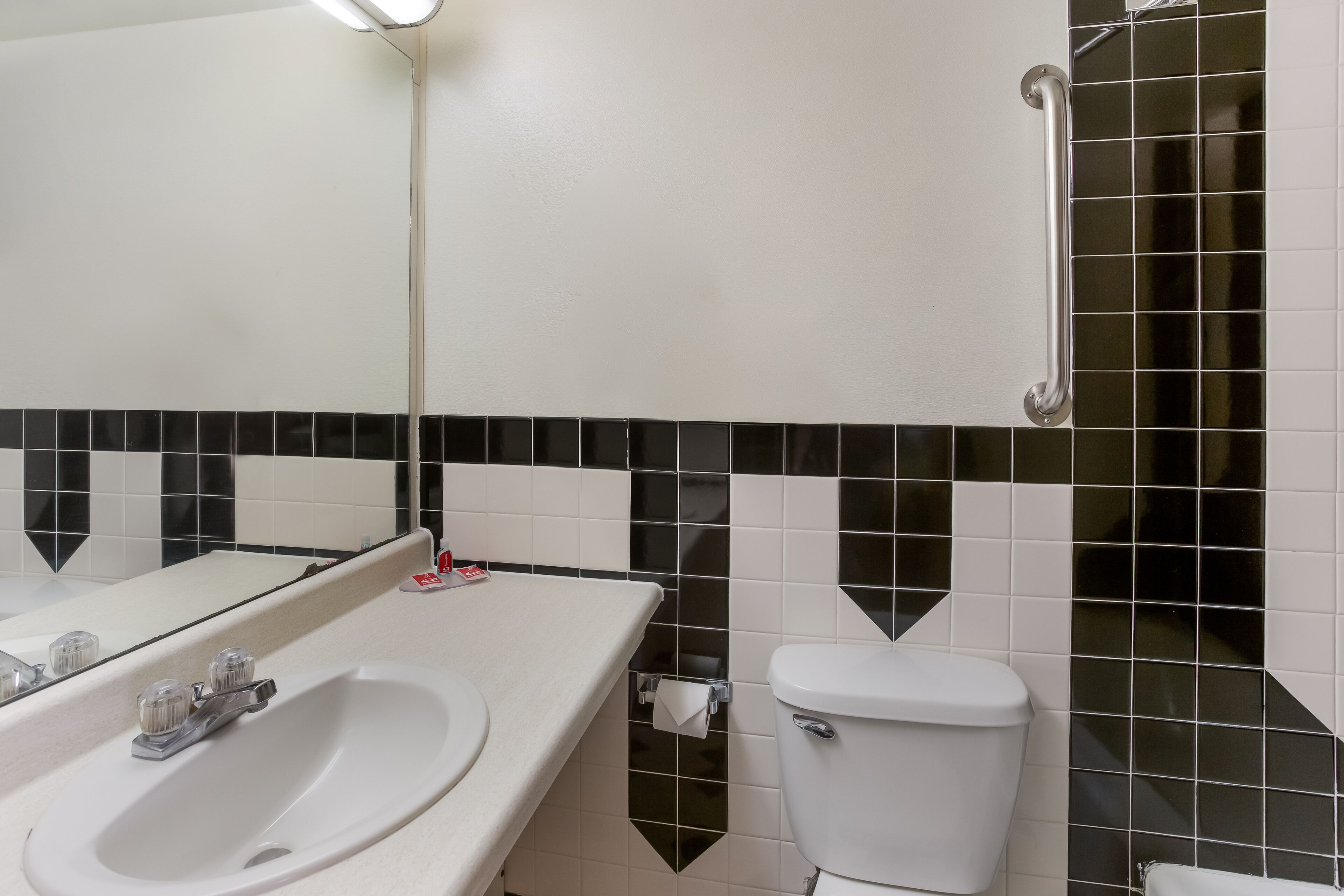 A bathroom with a white sink, a mirror, a toilet, and a handrail.