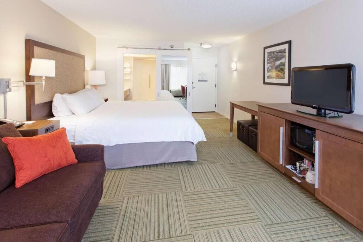 A hotel room with a bed, a TV, a desk, a couch, and a carpeted floor.