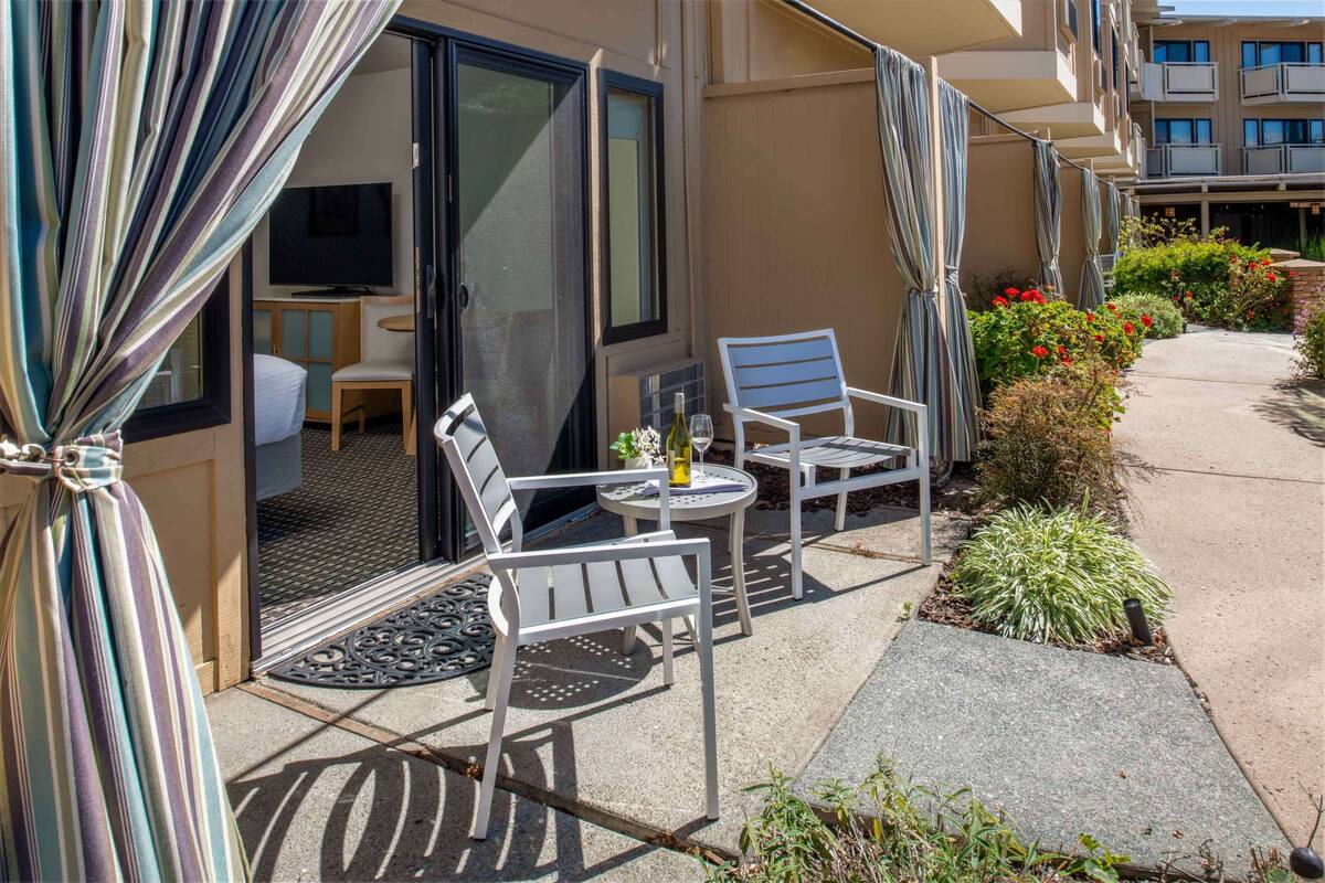 A hotel balcony with a table and two chairs, a television, and a small garden area with red flowers.