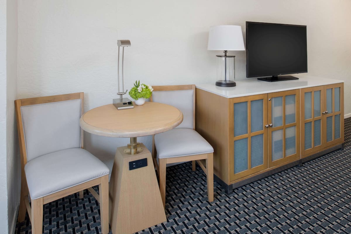 A hotel room with a round table, two chairs, a television on a cabinet, and a small potted plant.