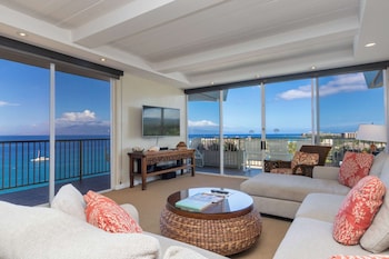 Penthouse, 2 Bedrooms, Oceanfront | Living room | 30-inch TV with cable channels at Aston at The Whaler on Kaanapali Beach