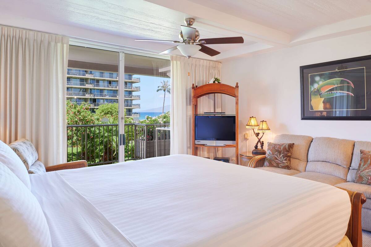 A hotel room with a large bed, a television, a ceiling fan, and a balcony with a view of the ocean and buildings.