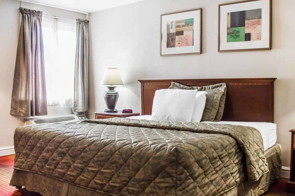 A hotel room with a large bed, a bedside table with a lamp, and two framed pictures on the wall.