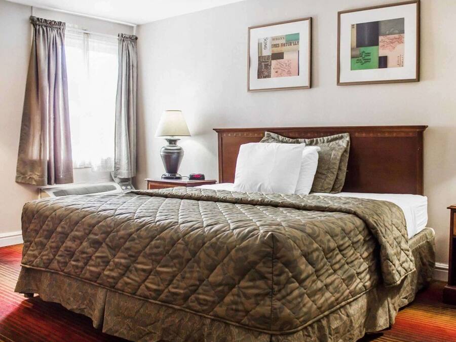 Una habitación de hotel con una cama grande, una mesita de noche con lámpara y dos cuadros en la pared.