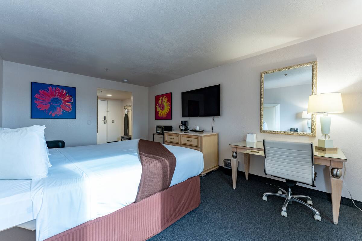 Une chambre d’hôtel équipée d’un lit, d’un bureau, d’une chaise, d’une télévision et décorée avec des œuvres d’art aux murs.