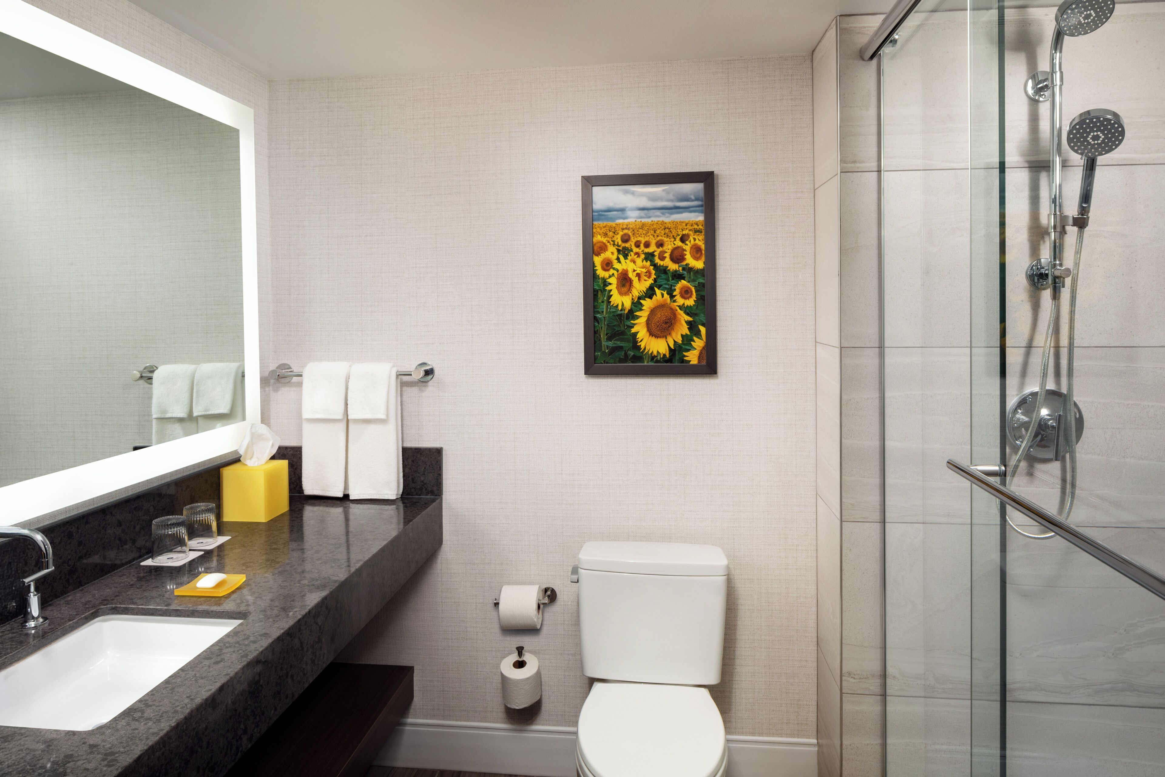 Ein Badezimmer mit einem großen Spiegel, einem Waschbecken, einer Toilette und einer Dusche.