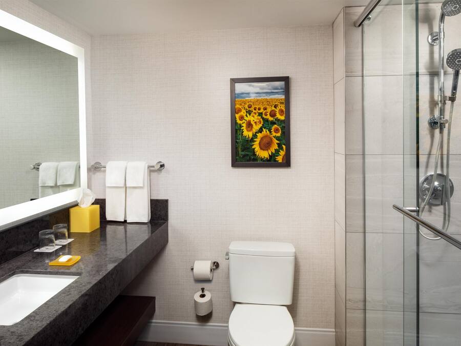 A bathroom with a large mirror, a sink with a marble countertop, a toilet, and a glass shower enclosure.