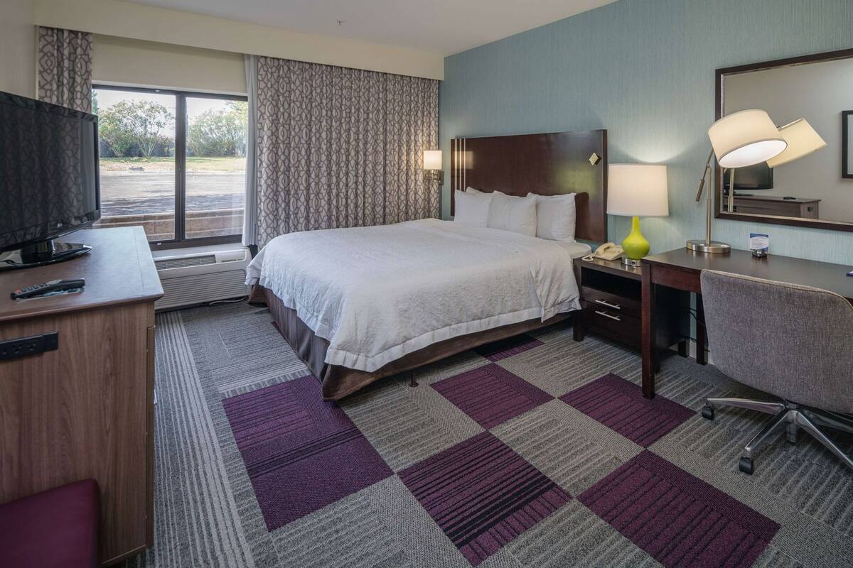 A hotel room with a bed, desk, chair, TV, and a large window.