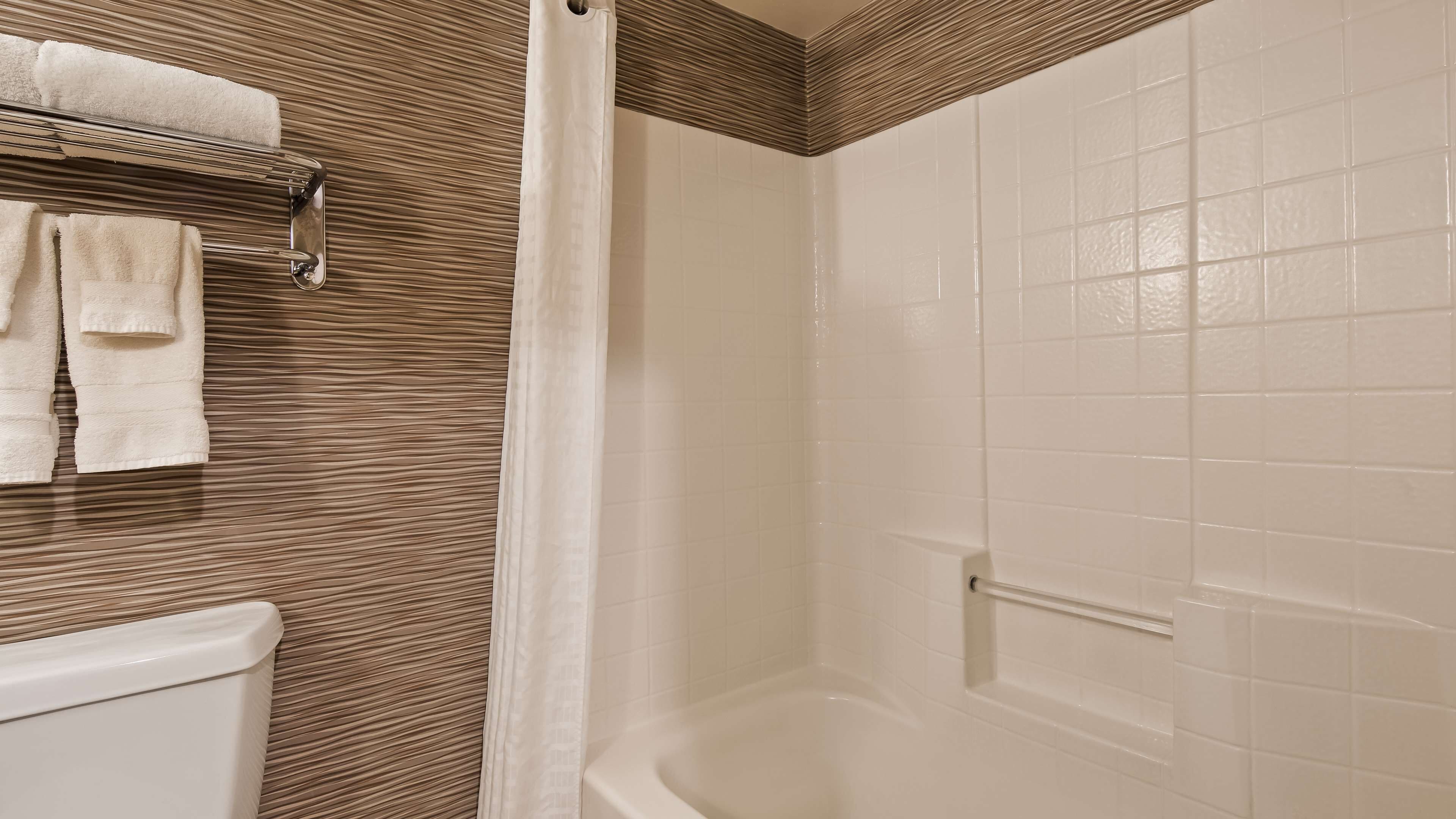 combined shower/bathtub, free toiletries, hair dryer, towels