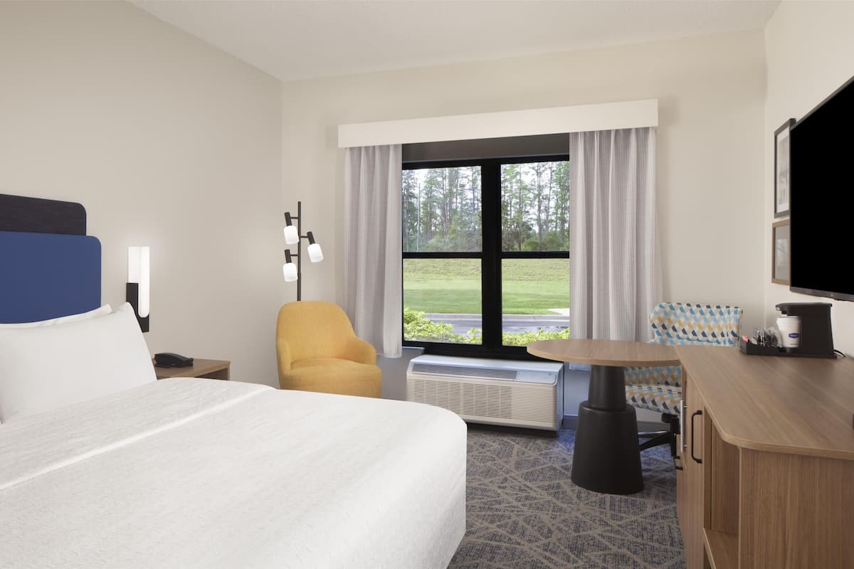 A hotel room with a bed, a desk, a chair, a TV, and a window with a view of greenery.