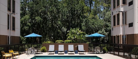 Piscina com espreguiçadeiras e guarda-sóis, cercada por árvores e um edifício.