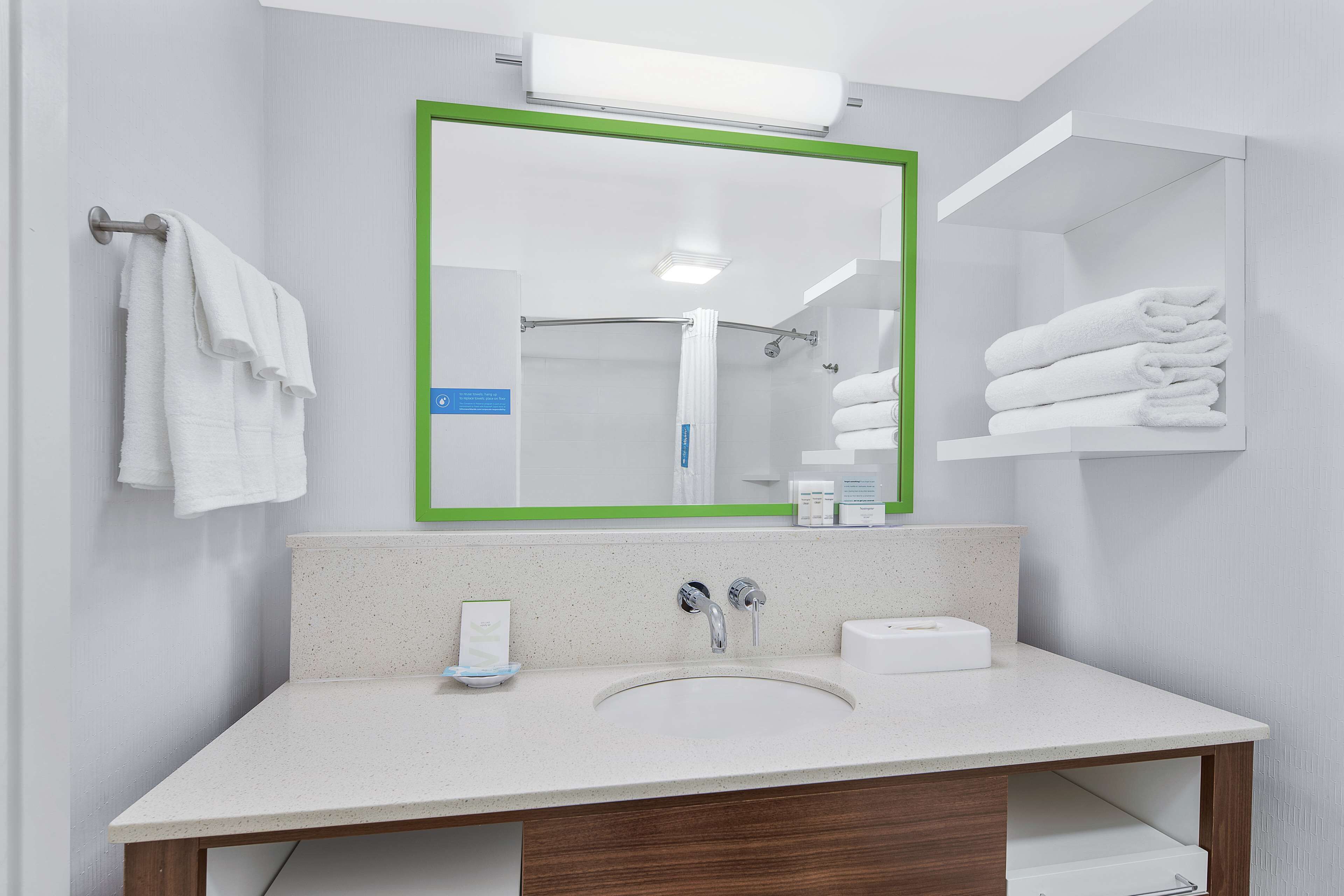 two queen bed non smoking | bathroom | shower, hair dryer, towels