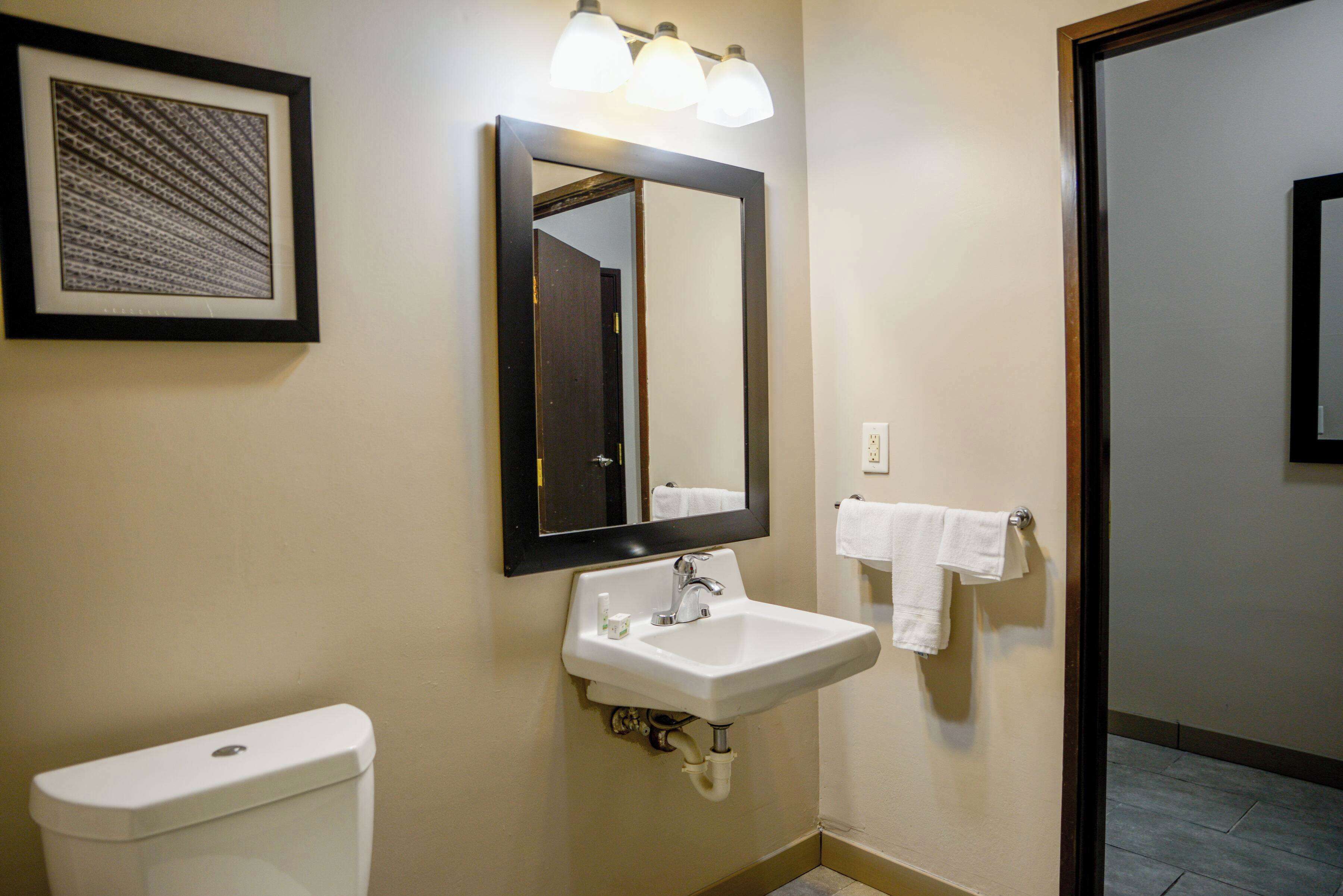A bathroom with a toilet, sink, and mirror.
