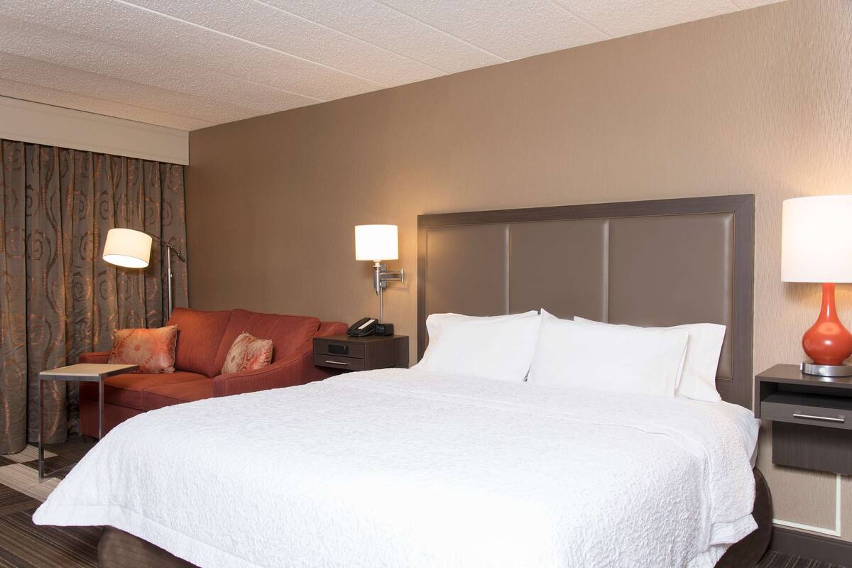 A hotel room with a large bed, a sofa, a desk, and two lamps.