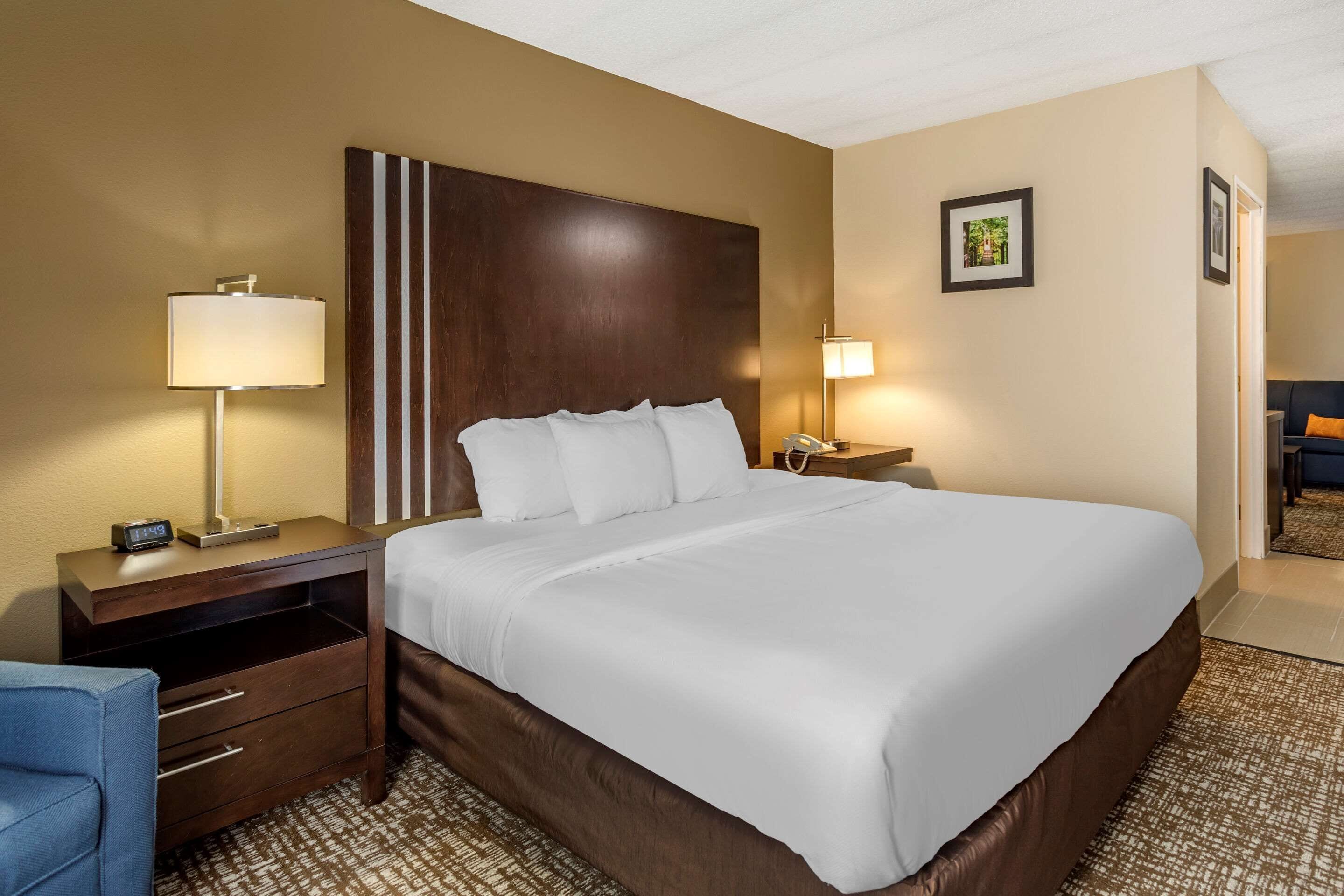 Habitación de hotel con una cama grande, una mesita de noche con una lámpara, un escritorio con una silla y un cuadro en la pared.