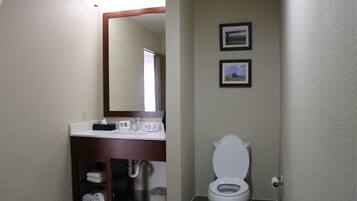 Ein Badezimmer mit Toilette, Waschbecken und Spiegel. An der Wand hängen zwei Bilder in Rahmen.