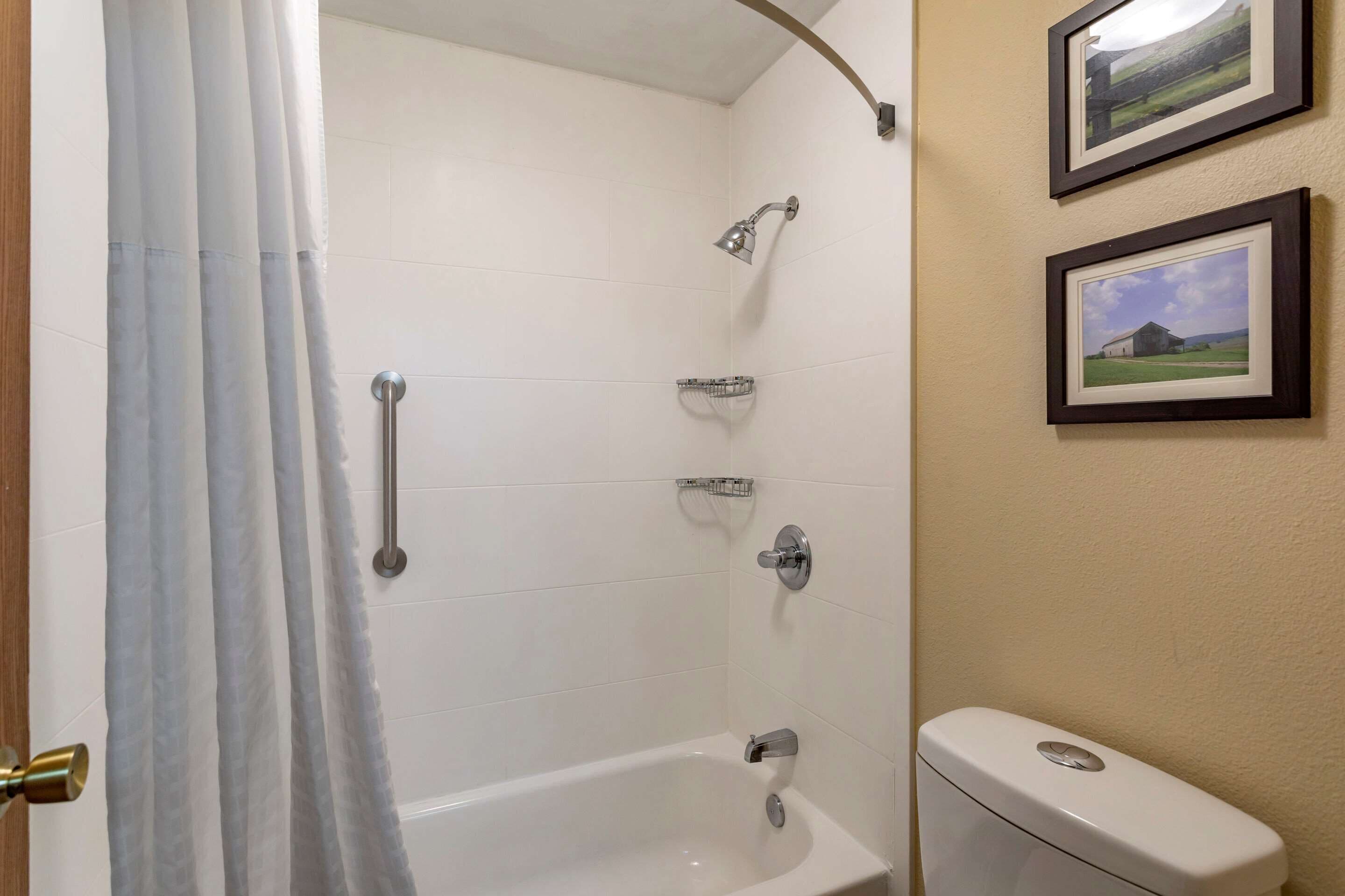 A bathroom with a bathtub, a shower, and a toilet. There are two framed pictures on the wall.