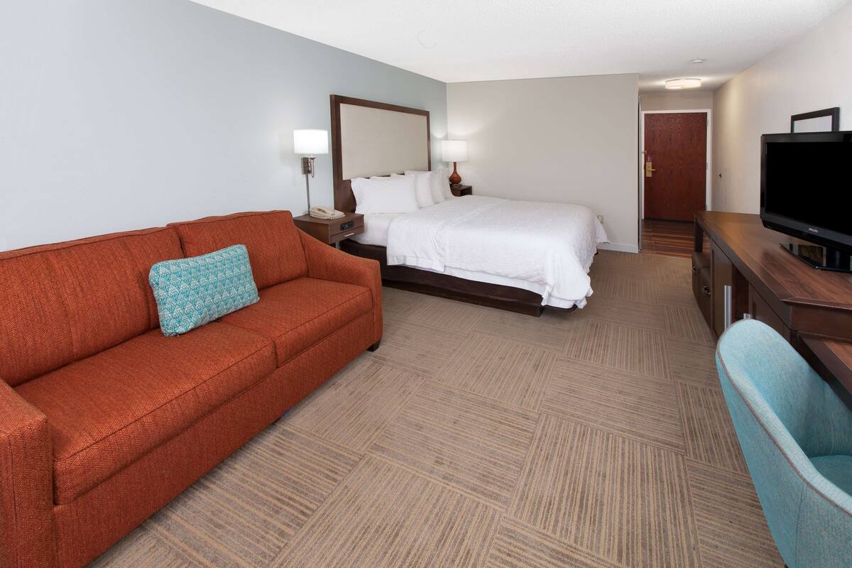 A hotel room with a bed, a sofa, a television, and a desk.