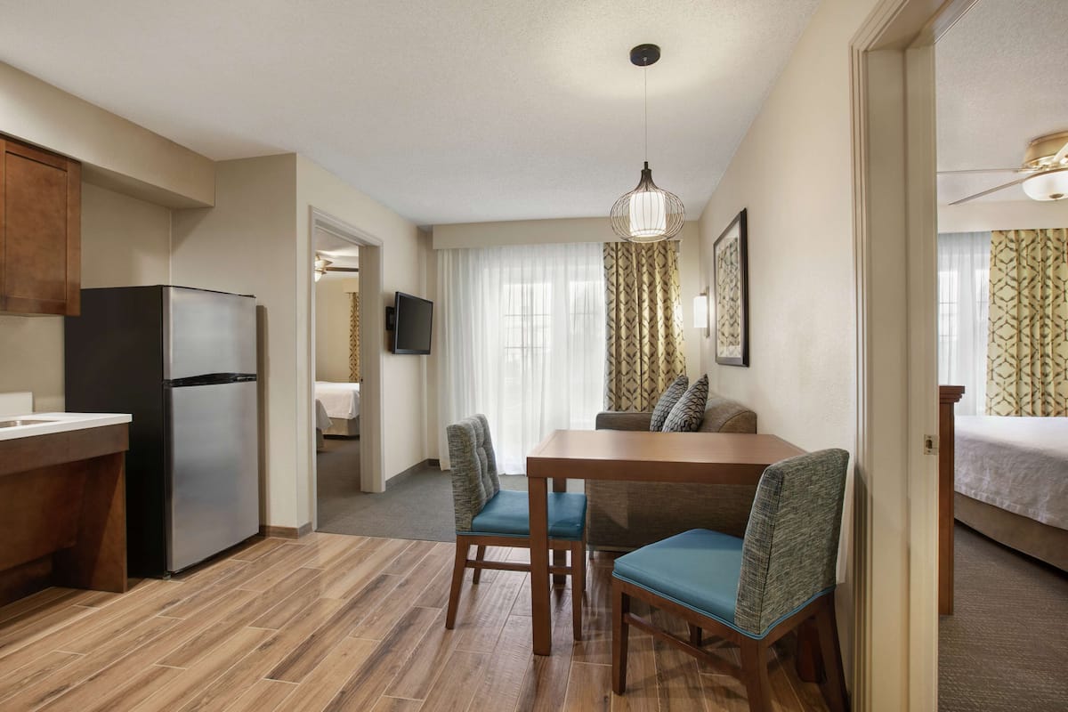 full-sized fridge, microwave, coffee/tea maker